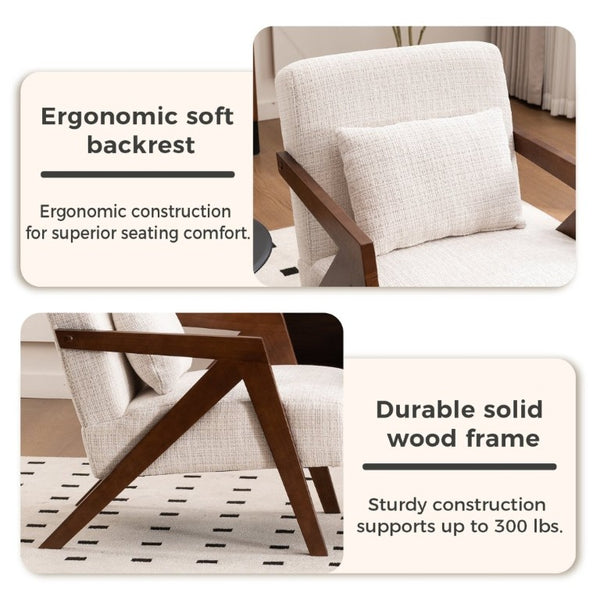 English Elm Mid-Century Modern Chenille Accent Chair Sculptural Z Frame Solid Wood Living Room Seat Beige W3835P484072