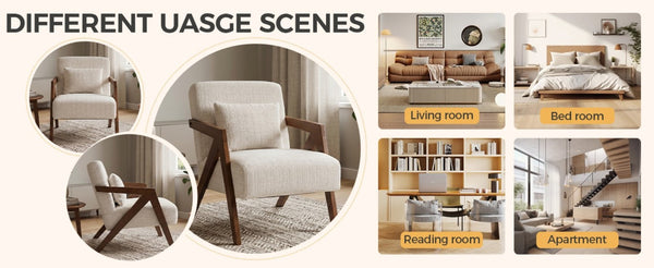 English Elm Mid-Century Modern Chenille Accent Chair Sculptural Z Frame Solid Wood Living Room Seat Beige W3835P484072