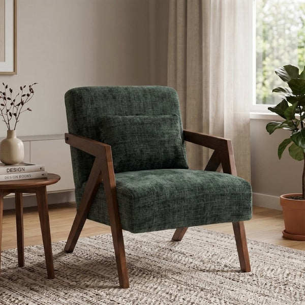 English Elm Mid-Century Modern Chenille Accent Chair Sculptural Z Frame Solid Wood Living Room Seat Dark Green W3835P484082