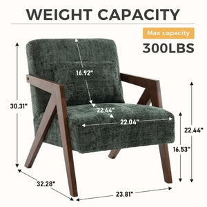 English Elm Mid-Century Modern Chenille Accent Chair Sculptural Z Frame Solid Wood Living Room Seat Dark Green W3835P484082
