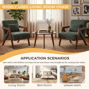 English Elm Mid-Century Modern Chenille Accent Chair Sculptural Z Frame Solid Wood Living Room Seat Dark Green W3835P484082