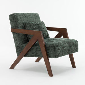 English Elm Mid-Century Modern Chenille Accent Chair Sculptural Z Frame Solid Wood Living Room Seat Dark Green W3835P484082