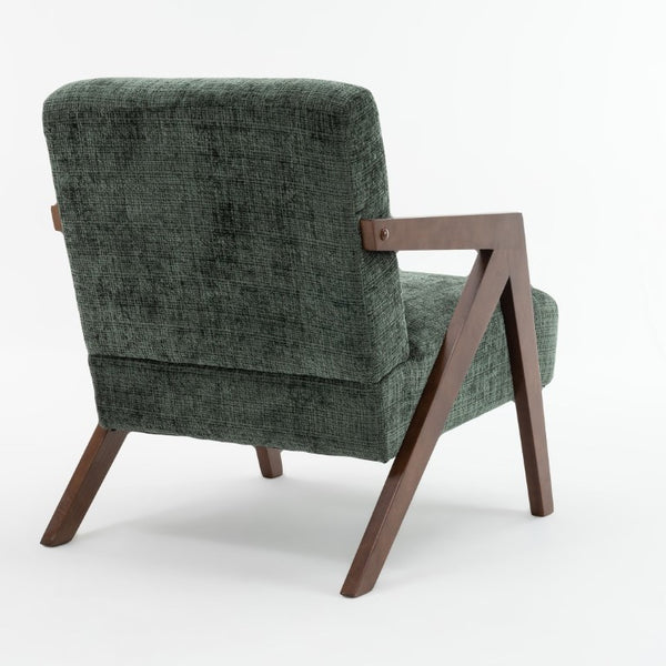 English Elm Mid-Century Modern Chenille Accent Chair Sculptural Z Frame Solid Wood Living Room Seat Dark Green W3835P484082