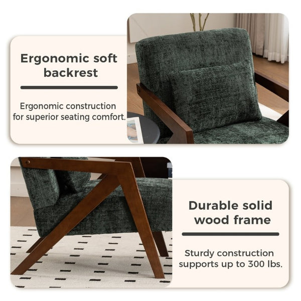 English Elm Mid-Century Modern Chenille Accent Chair Sculptural Z Frame Solid Wood Living Room Seat Dark Green W3835P484082