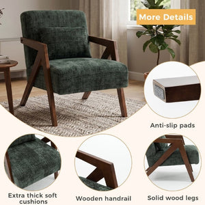 English Elm Mid-Century Modern Chenille Accent Chair Sculptural Z Frame Solid Wood Living Room Seat Dark Green W3835P484082