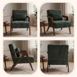 English Elm Mid-Century Modern Chenille Accent Chair Sculptural Z Frame Solid Wood Living Room Seat Dark Green W3835P484082