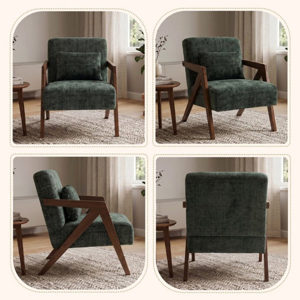 English Elm Mid-Century Modern Chenille Accent Chair Sculptural Z Frame Solid Wood Living Room Seat Dark Green W3835P484082