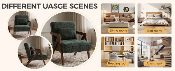English Elm Mid-Century Modern Chenille Accent Chair Sculptural Z Frame Solid Wood Living Room Seat Dark Green W3835P484082
