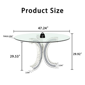 English Elm Tempered Glass Round Dining Table with Mirrored Diamond Pedestal Base Glam Sculptural W3836P465342