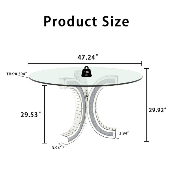 English Elm Tempered Glass Round Dining Table with Mirrored Diamond Pedestal Base Glam Sculptural W3836P465342