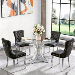 English Elm Tempered Glass Round Dining Table with Mirrored Diamond Pedestal Base Glam Sculptural W3836P465342