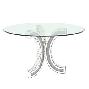 English Elm Tempered Glass Round Dining Table with Mirrored Diamond Pedestal Base Glam Sculptural W3836P465342