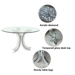 English Elm Tempered Glass Round Dining Table with Mirrored Diamond Pedestal Base Glam Sculptural W3836P465342