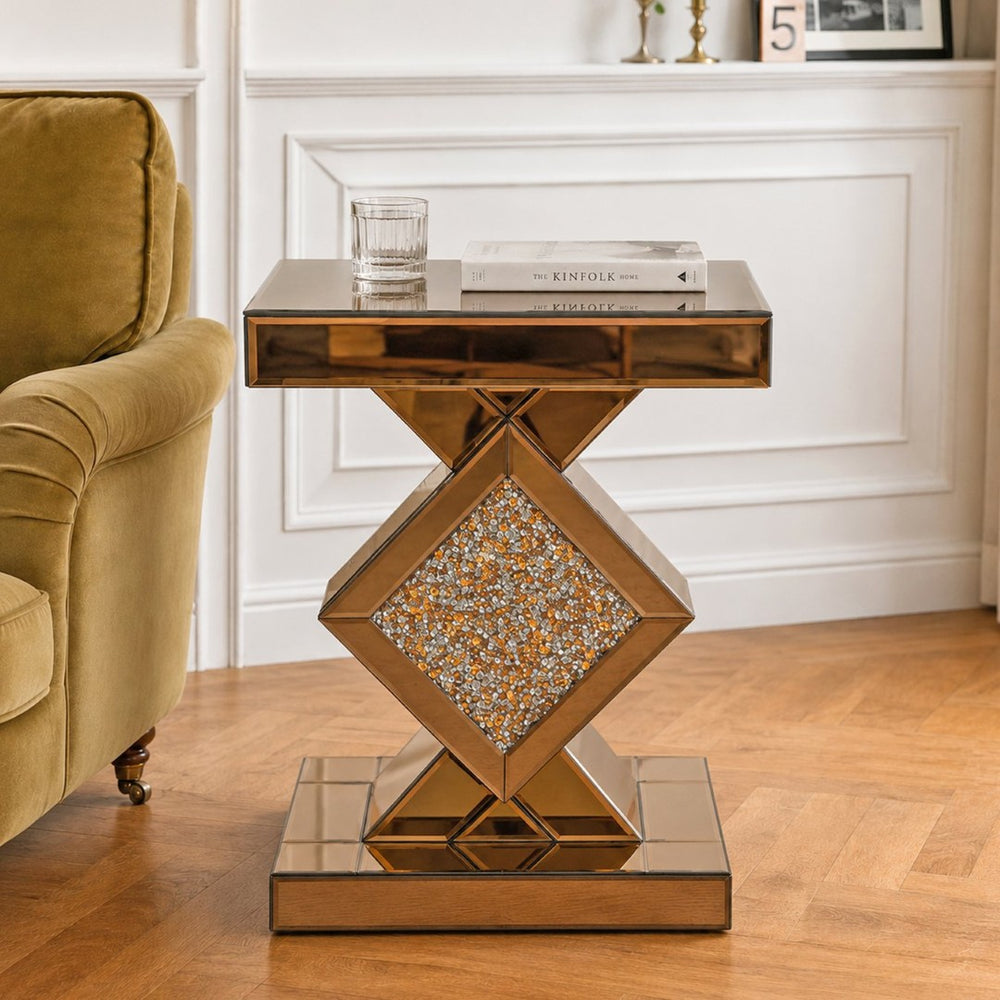 English Elm Crushed Crystal Diamond Mirrored Accent Table Glam Geometric Brown Side for Bedroom W3836P496947