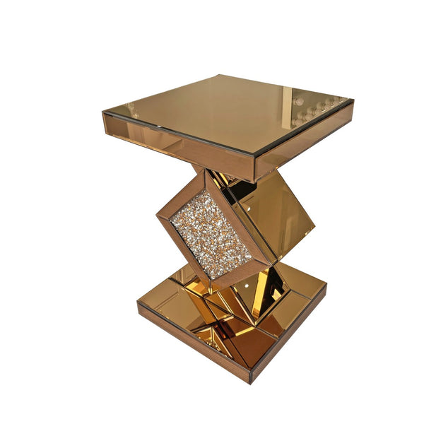English Elm Crushed Crystal Diamond Mirrored Accent Table Glam Geometric Brown Side for Bedroom W3836P496947