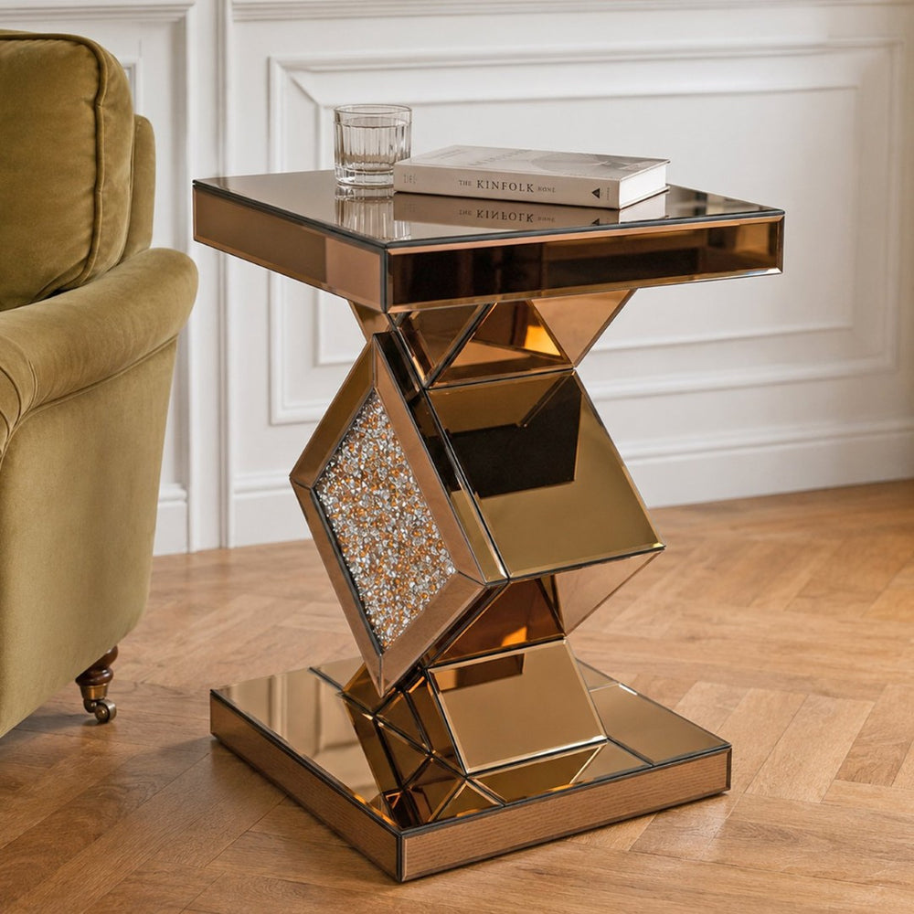 English Elm Crushed Crystal Diamond Mirrored Accent Table Glam Geometric Brown Side for Bedroom W3836P496947