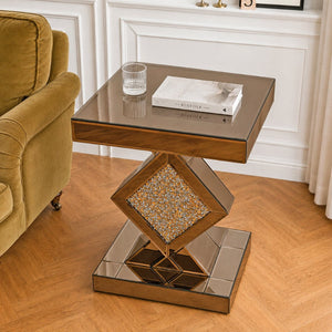 English Elm Crushed Crystal Diamond Mirrored Accent Table Glam Geometric Brown Side for Bedroom W3836P496947
