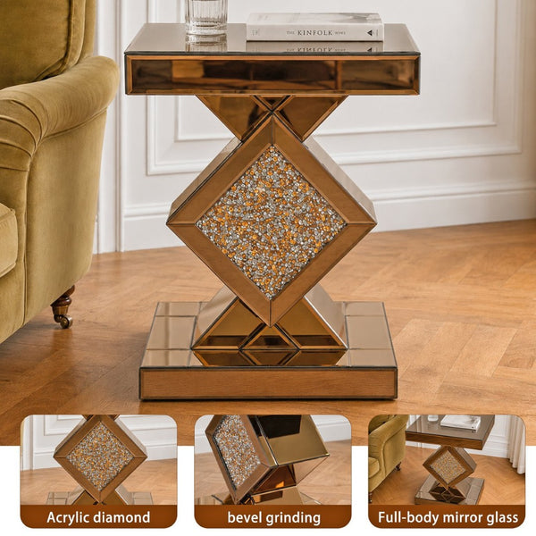 English Elm Crushed Crystal Diamond Mirrored Accent Table Glam Geometric Brown Side for Bedroom W3836P496947