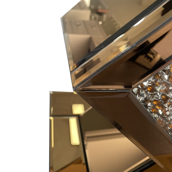 English Elm Crushed Crystal Diamond Mirrored Accent Table Glam Geometric Brown Side for Bedroom W3836P496947
