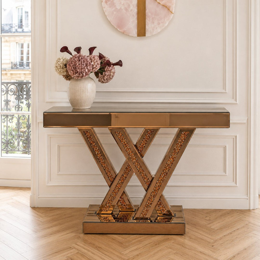 English Elm Modern Glam Console Table with Diamond Inlay Beveled Mirrored Glass Foyer Accent W3836P497238