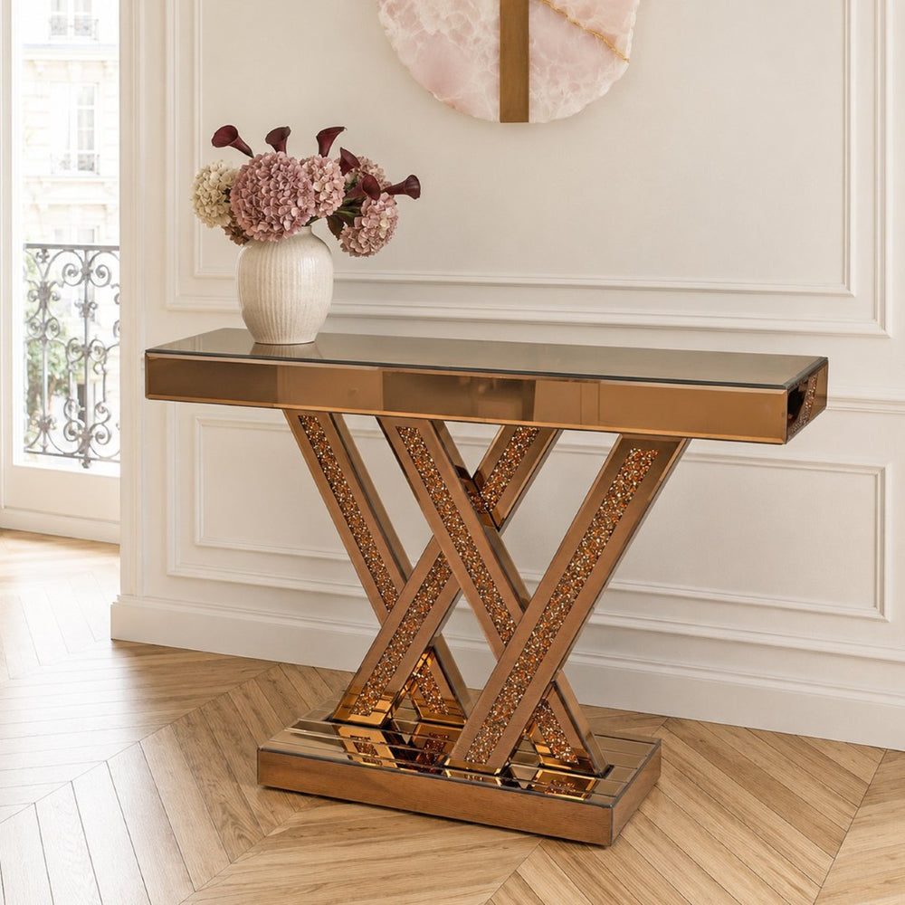 English Elm Modern Glam Console Table with Diamond Inlay Beveled Mirrored Glass Foyer Accent W3836P497238