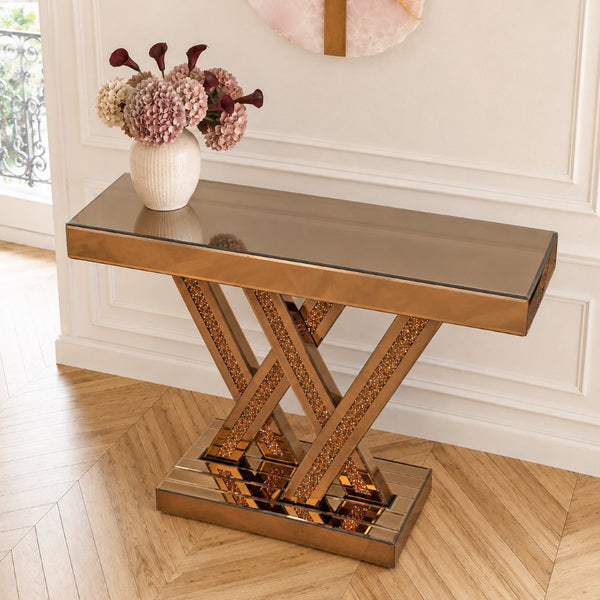 English Elm Modern Glam Console Table with Diamond Inlay Beveled Mirrored Glass Foyer Accent W3836P497238