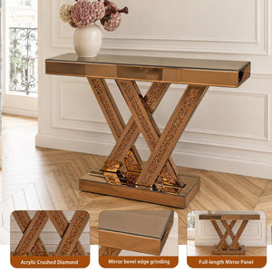 English Elm Modern Glam Console Table with Diamond Inlay Beveled Mirrored Glass Foyer Accent W3836P497238