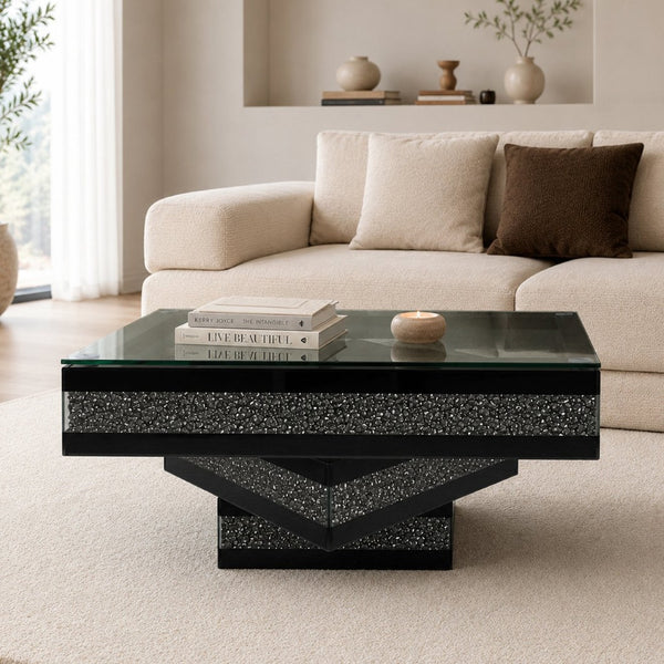 English Elm Crushed Diamond Crystal Inlay Coffee Table Glam Mirrored Tiers for Modern Living Rooms W3836P497263