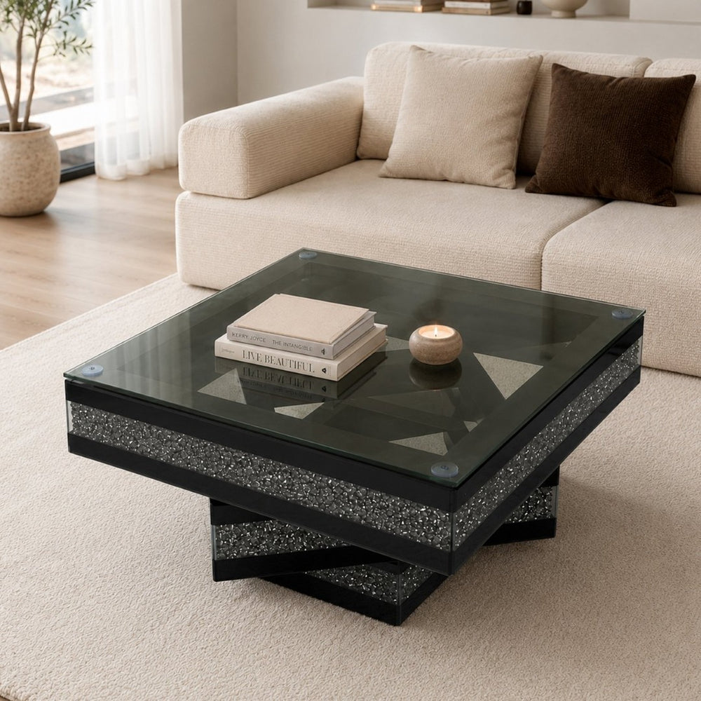 English Elm Crushed Diamond Crystal Inlay Coffee Table Glam Mirrored Tiers for Modern Living Rooms W3836P497263