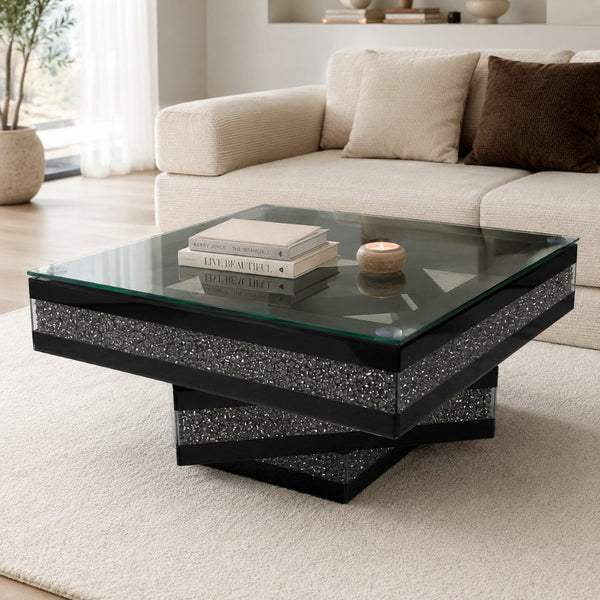 English Elm Crushed Diamond Crystal Inlay Coffee Table Glam Mirrored Tiers for Modern Living Rooms W3836P497263
