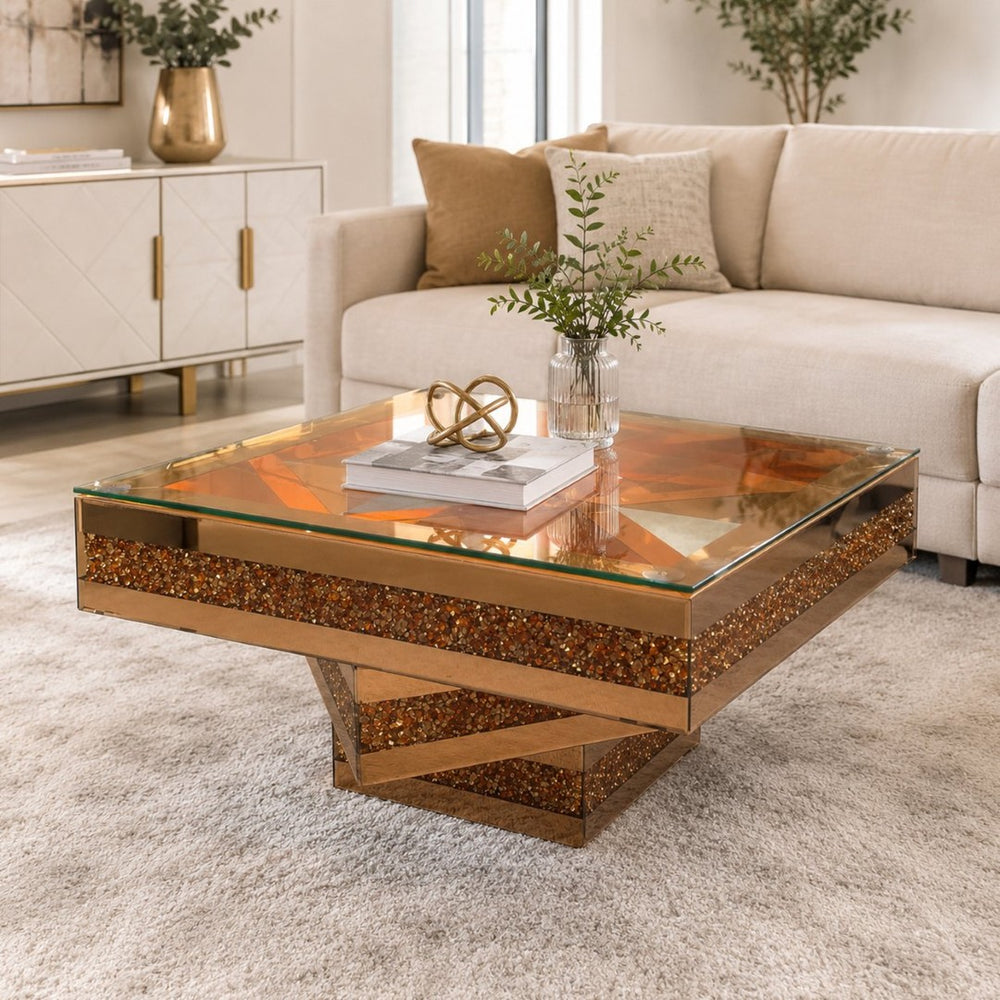 English Elm 3 Tier Mirrored Glass Coffee Table with Faux Diamond Inlay Glam Living Room Accent W3836P497324