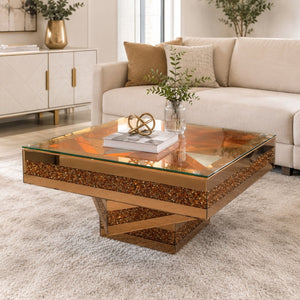 English Elm 3 Tier Mirrored Glass Coffee Table with Faux Diamond Inlay Glam Living Room Accent W3836P497324