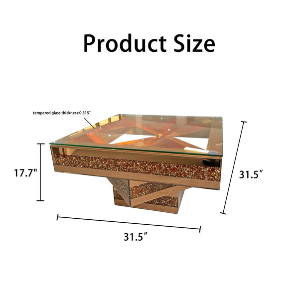 English Elm 3 Tier Mirrored Glass Coffee Table with Faux Diamond Inlay Glam Living Room Accent W3836P497324