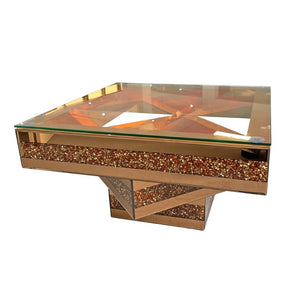 English Elm 3 Tier Mirrored Glass Coffee Table with Faux Diamond Inlay Glam Living Room Accent W3836P497324