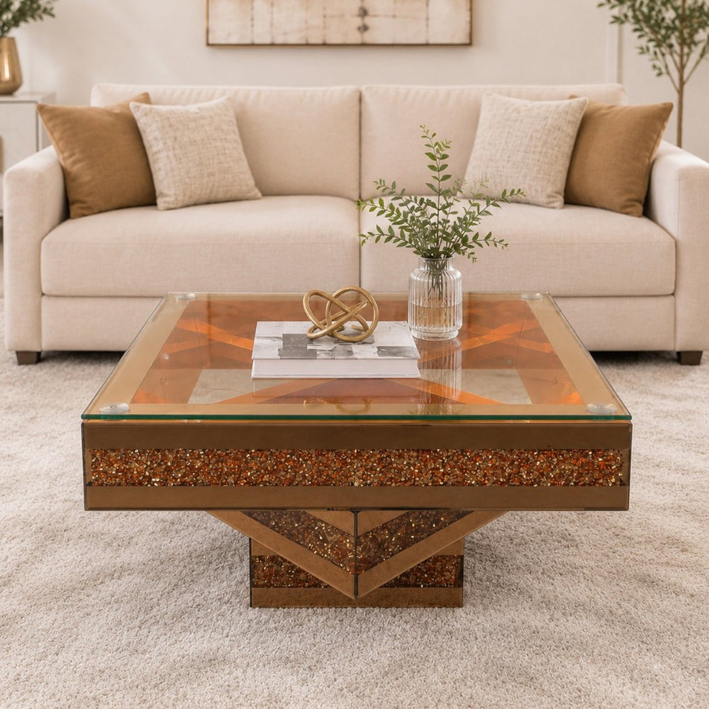 English Elm 3 Tier Mirrored Glass Coffee Table with Faux Diamond Inlay Glam Living Room Accent W3836P497324