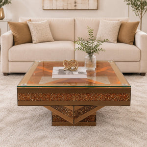 English Elm 3 Tier Mirrored Glass Coffee Table with Faux Diamond Inlay Glam Living Room Accent W3836P497324