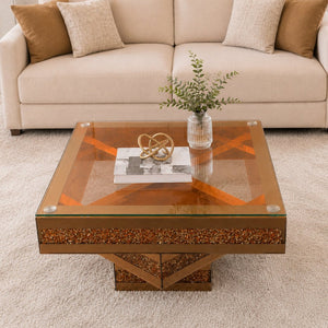 English Elm 3 Tier Mirrored Glass Coffee Table with Faux Diamond Inlay Glam Living Room Accent W3836P497324