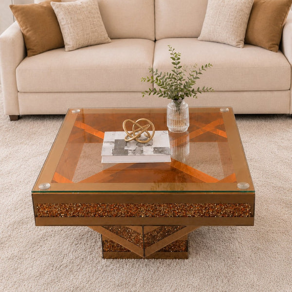 English Elm 3 Tier Mirrored Glass Coffee Table with Faux Diamond Inlay Glam Living Room Accent W3836P497324