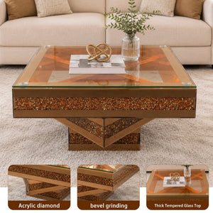 English Elm 3 Tier Mirrored Glass Coffee Table with Faux Diamond Inlay Glam Living Room Accent W3836P497324