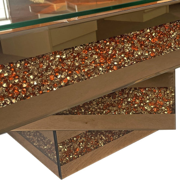 English Elm 3 Tier Mirrored Glass Coffee Table with Faux Diamond Inlay Glam Living Room Accent W3836P497324