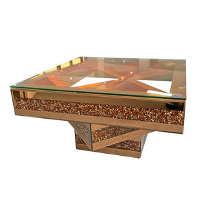 English Elm 3 Tier Mirrored Glass Coffee Table with Faux Diamond Inlay Glam Living Room Accent W3836P497324