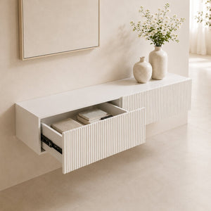 English Elm Premium Ribbed Wall Mounted Floating Cabinet with Matte Finish for Living Room Storage W3836P520872