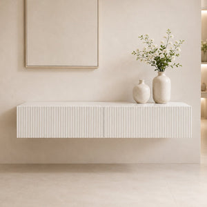 English Elm Premium Ribbed Wall Mounted Floating Cabinet with Matte Finish for Living Room Storage W3836P520872