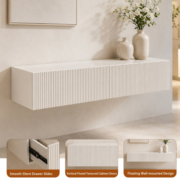 English Elm Premium Ribbed Wall Mounted Floating Cabinet with Matte Finish for Living Room Storage W3836P520872
