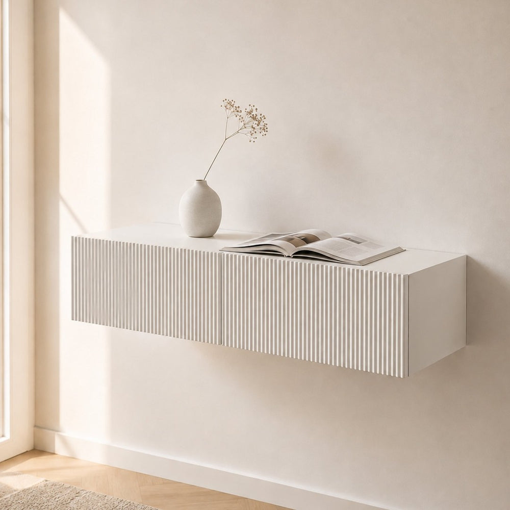 English Elm Modern Ribbed Wall Mounted Floating Cabinet Handcrafted Matte Storage for Any Room W3836P520880