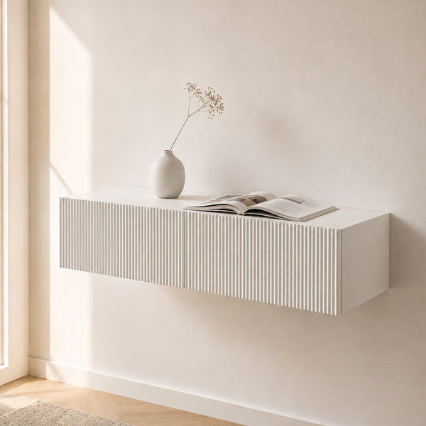 English Elm Modern Ribbed Wall Mounted Floating Cabinet Handcrafted Matte Storage for Any Room W3836P520880