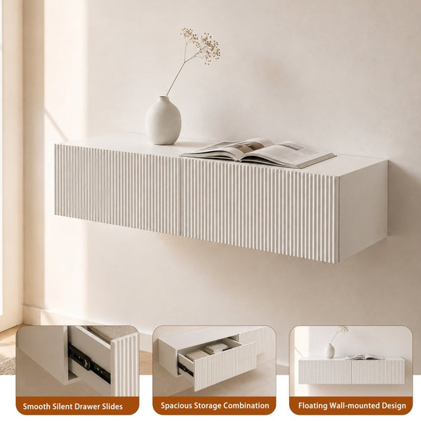 English Elm Modern Ribbed Wall Mounted Floating Cabinet Handcrafted Matte Storage for Any Room W3836P520880
