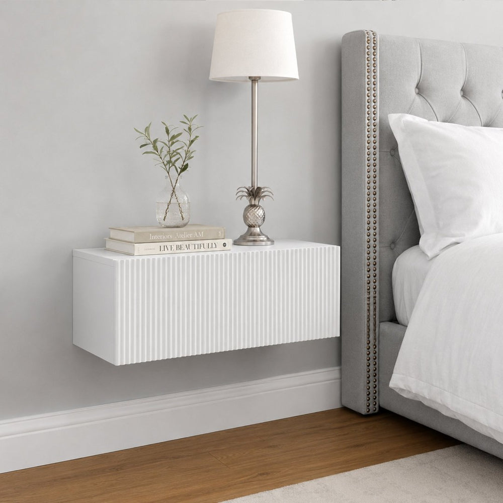 English Elm White Ribbed Wall Mounted Floating Console with Drawer for Entryway or Bedroom W3836P520885