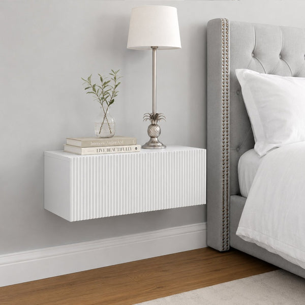 English Elm White Ribbed Wall Mounted Floating Console with Drawer for Entryway or Bedroom W3836P520885