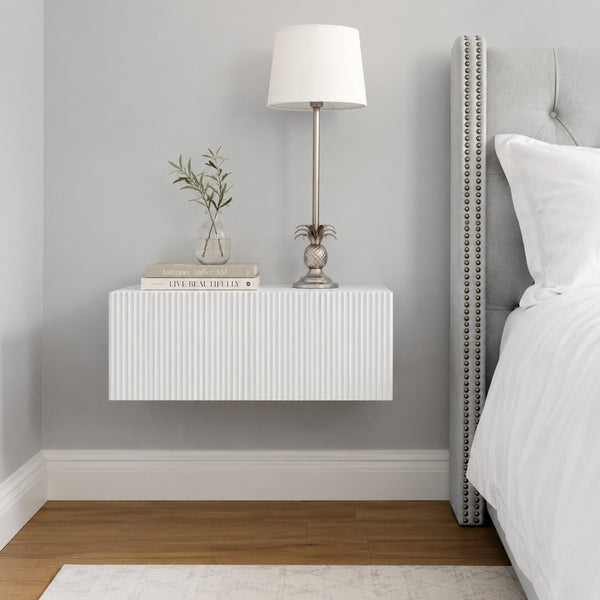 English Elm White Ribbed Wall Mounted Floating Console with Drawer for Entryway or Bedroom W3836P520885